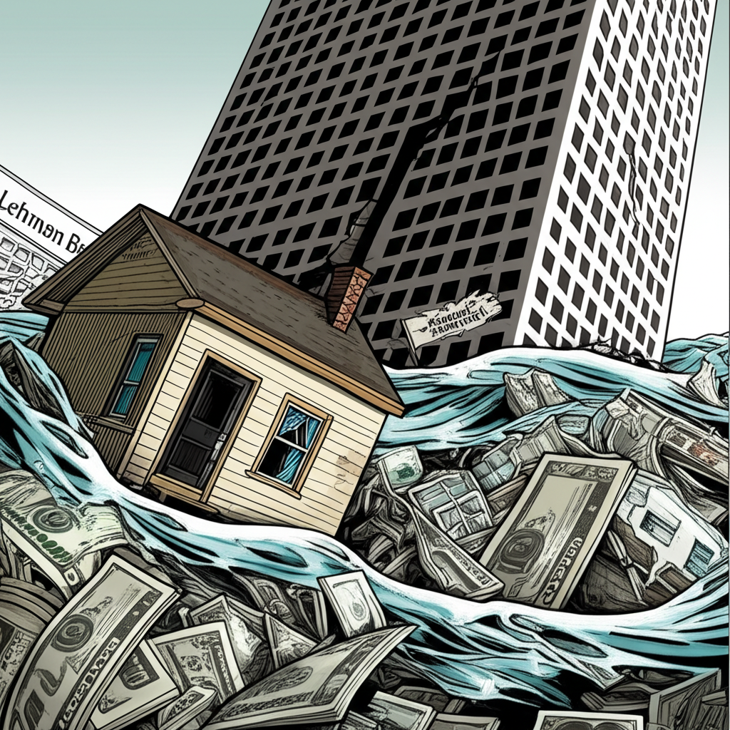2008年金融海嘯示意圖,房屋沉入MBS與CDO構成的金融深海,背景為雷曼兄弟大樓倒塌,象徵危機起源