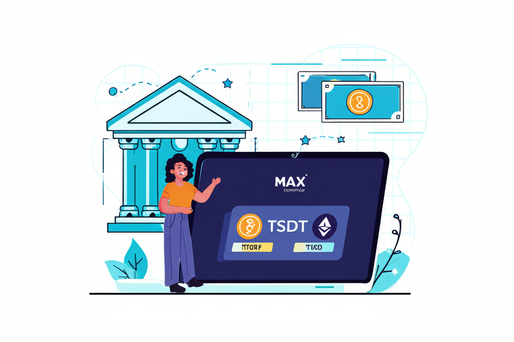 用戶在MAX交易所平台上將USDT兌換為台幣，背景顯示銀行轉帳流程，象徵安全可靠的金融服務