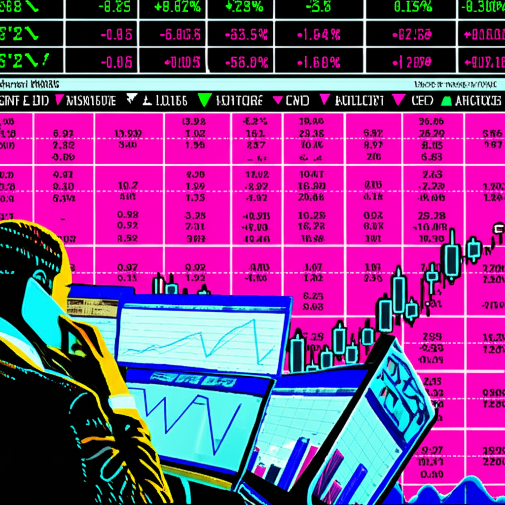全球金融景觀插畫,包含粉單股票圖表、債券交易員通話、外匯走勢圖與CFD圖形,呈現場外交易的多元面貌