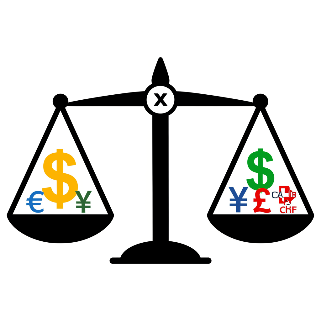 美元指數DXY以天平呈現,六種主要貨幣對比美元,顯示其相對強弱關係