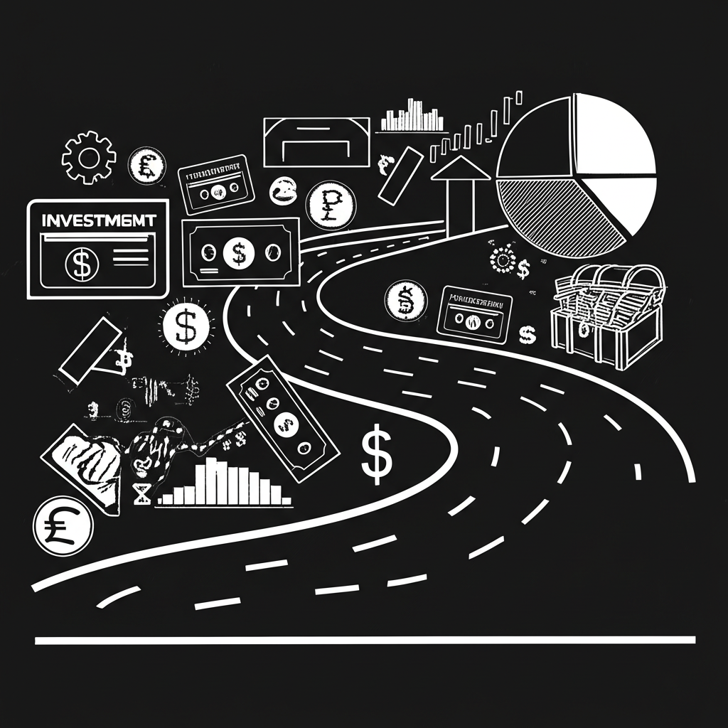 插畫:一條通往成功投資組合的財務路線圖,標示著股票、債券與曲線等金融符號