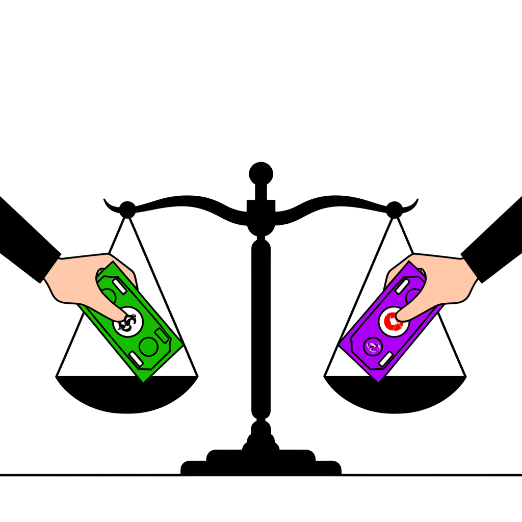 雙手在天平上交換美元與台幣紙鈔,象徵匯率作為兩種貨幣的交換比率,反映市場供需與浮動價值