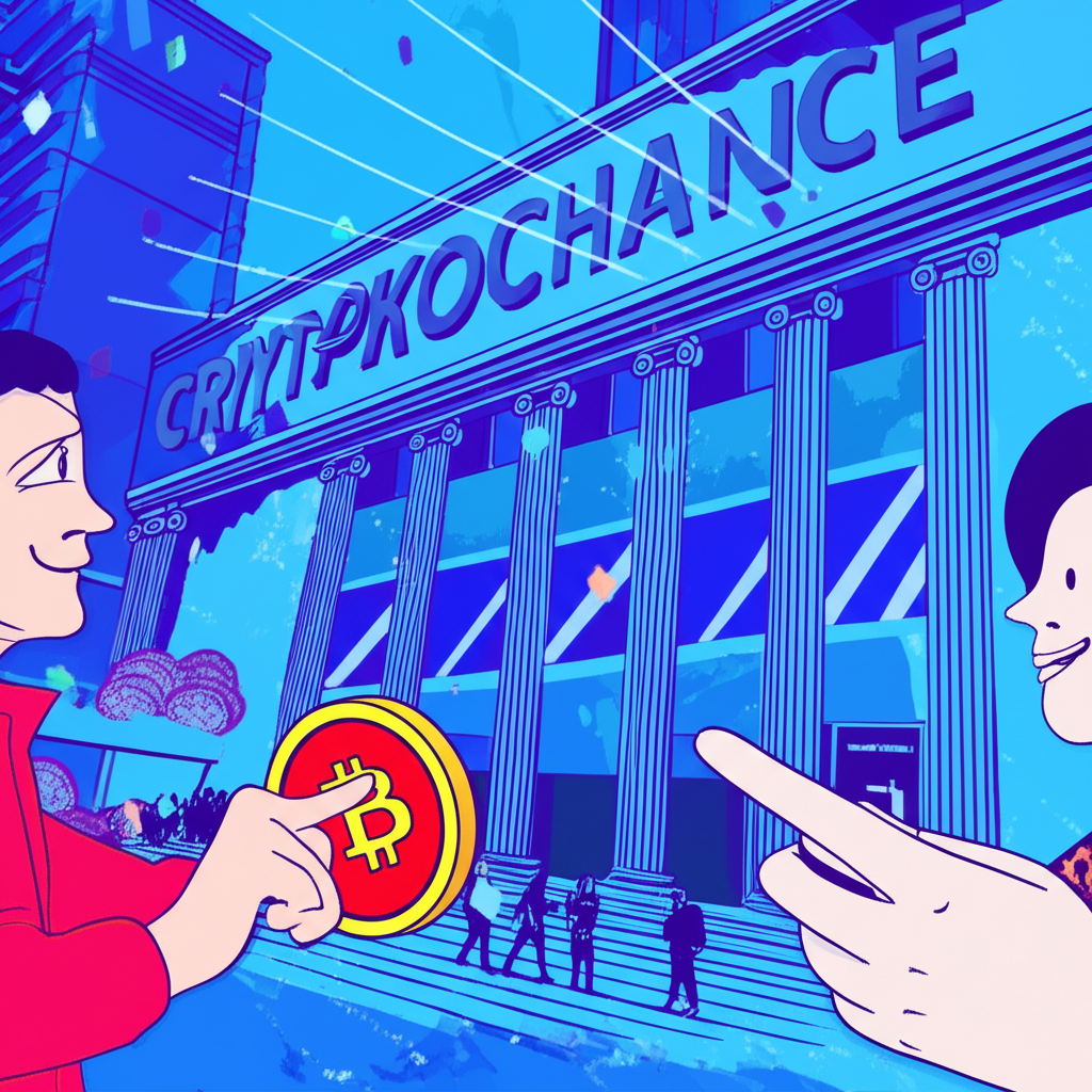 兩人私下交換數位資產,避開背景中繁忙的加密貨幣交易所建築,強調直接、場外交易的安全與隱私感