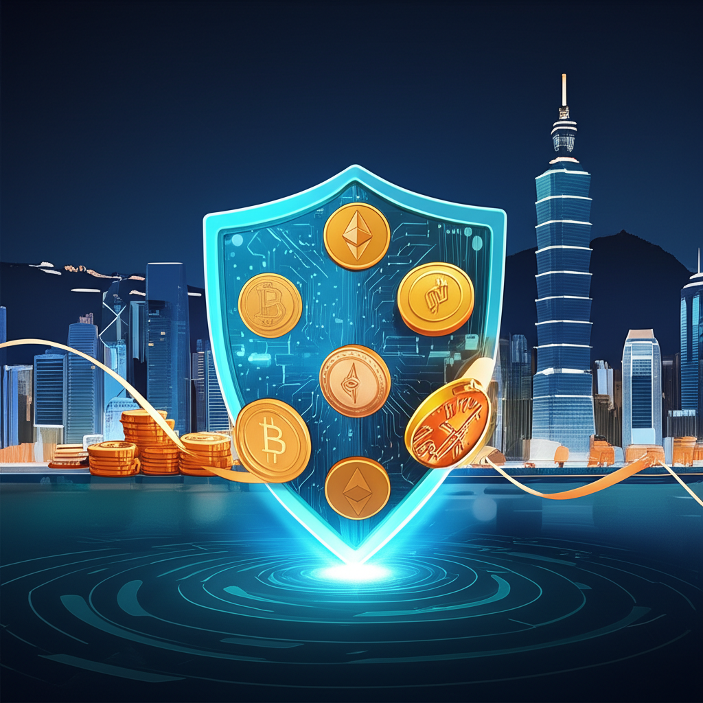 金融盾牌保護投資人資金的插圖,背景為台灣和香港城市天際線,象徵監管與信任