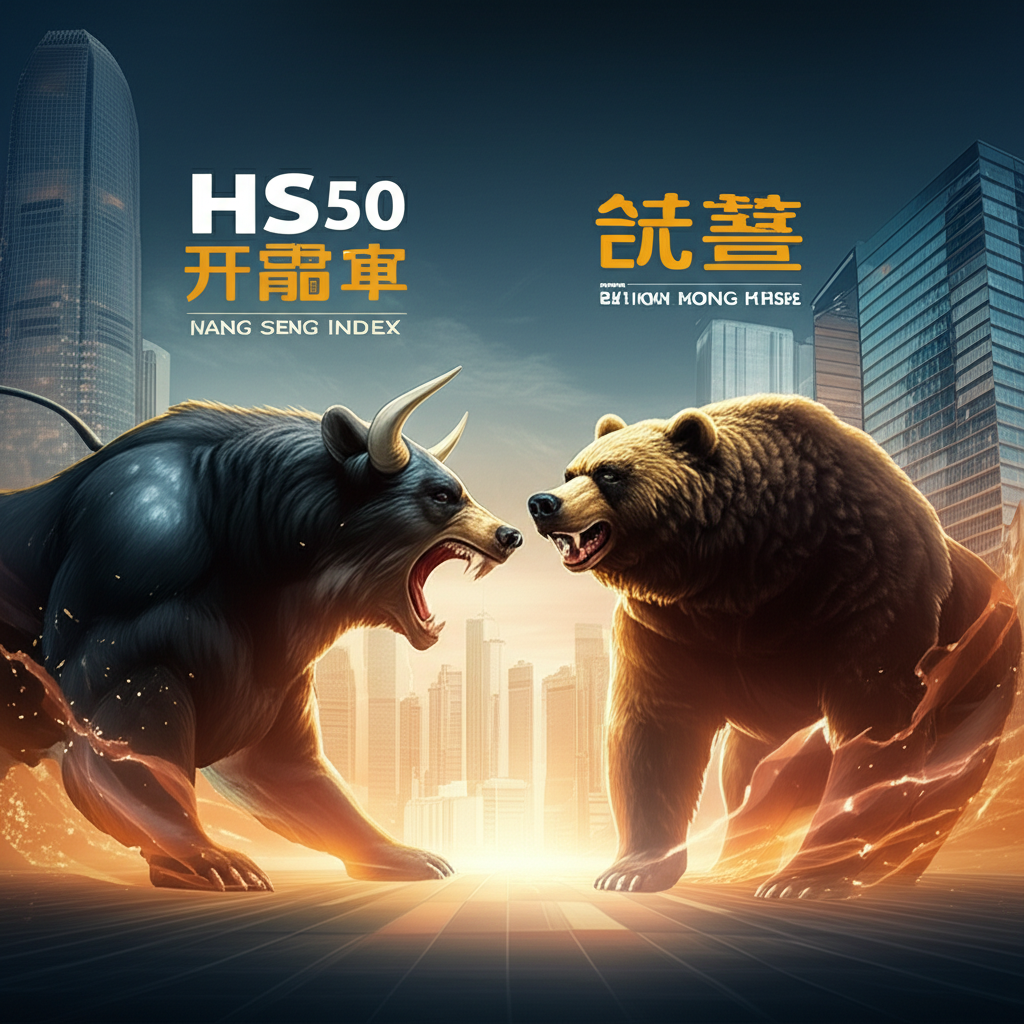 動態金融市場插圖，描繪牛熊爭鋒，象徵台灣與香港投資者參與HS50恒生指數期貨的交易機會，凸顯槓桿與延長交易時段的優勢