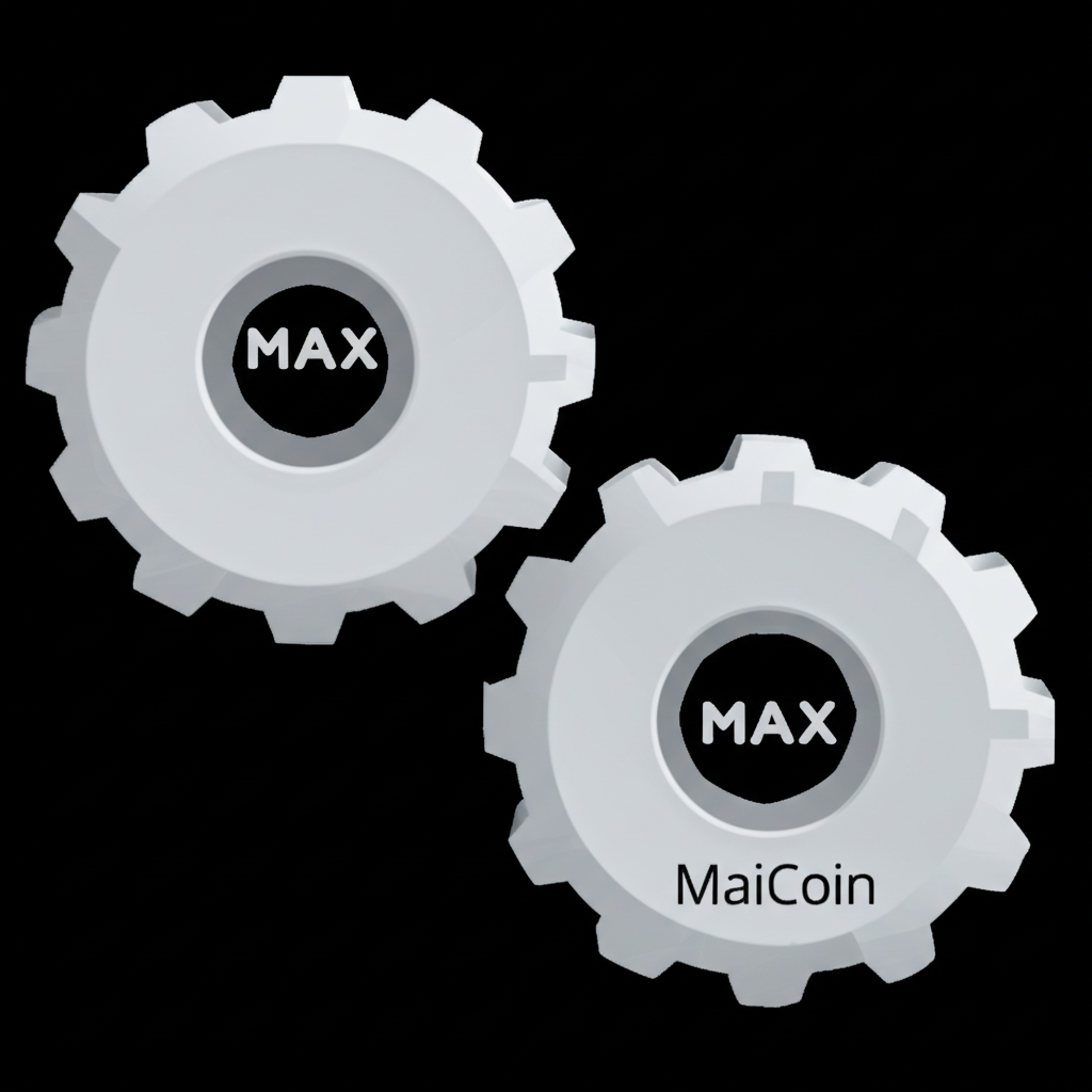 兩個互聯齒輪插圖，標示MAX和MaiCoin，代表它們在MaiCoin集團生態中的協同關係，共享資源並提供全面虛擬資產服務