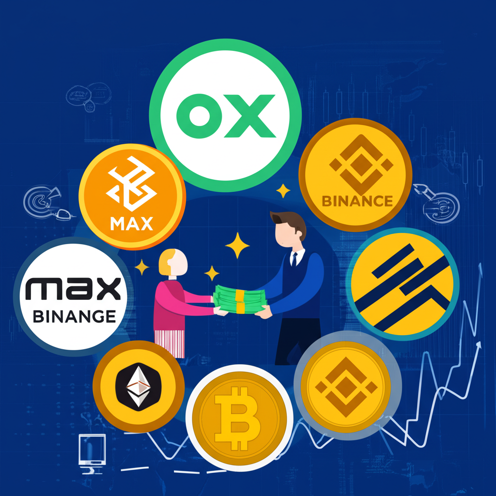 各種加密交易所標誌如MAX、幣安、OKX環繞中央人物，將數位貨幣兌換成現金，背景有圖表和數據