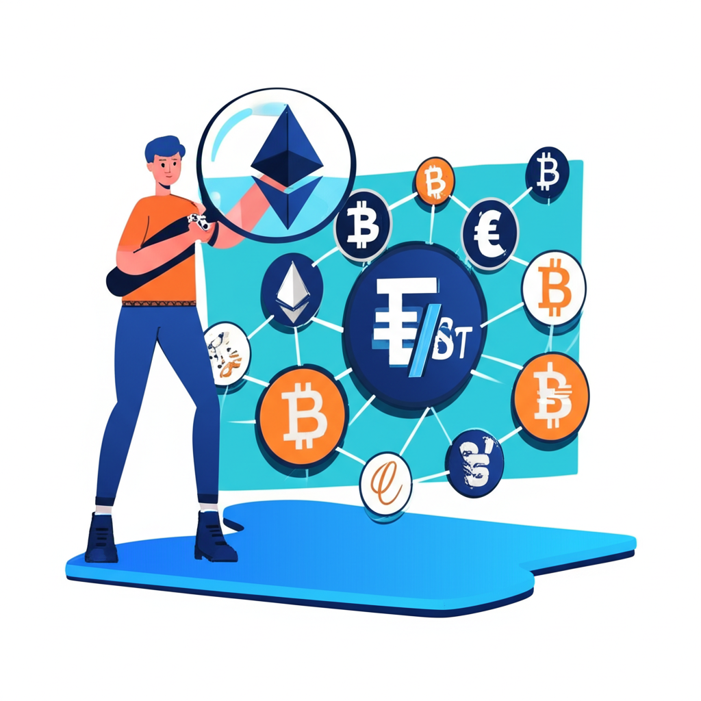 Illustration of a person navigating cryptocurrency blockchain with magnifying glass for secure USDT address lookup