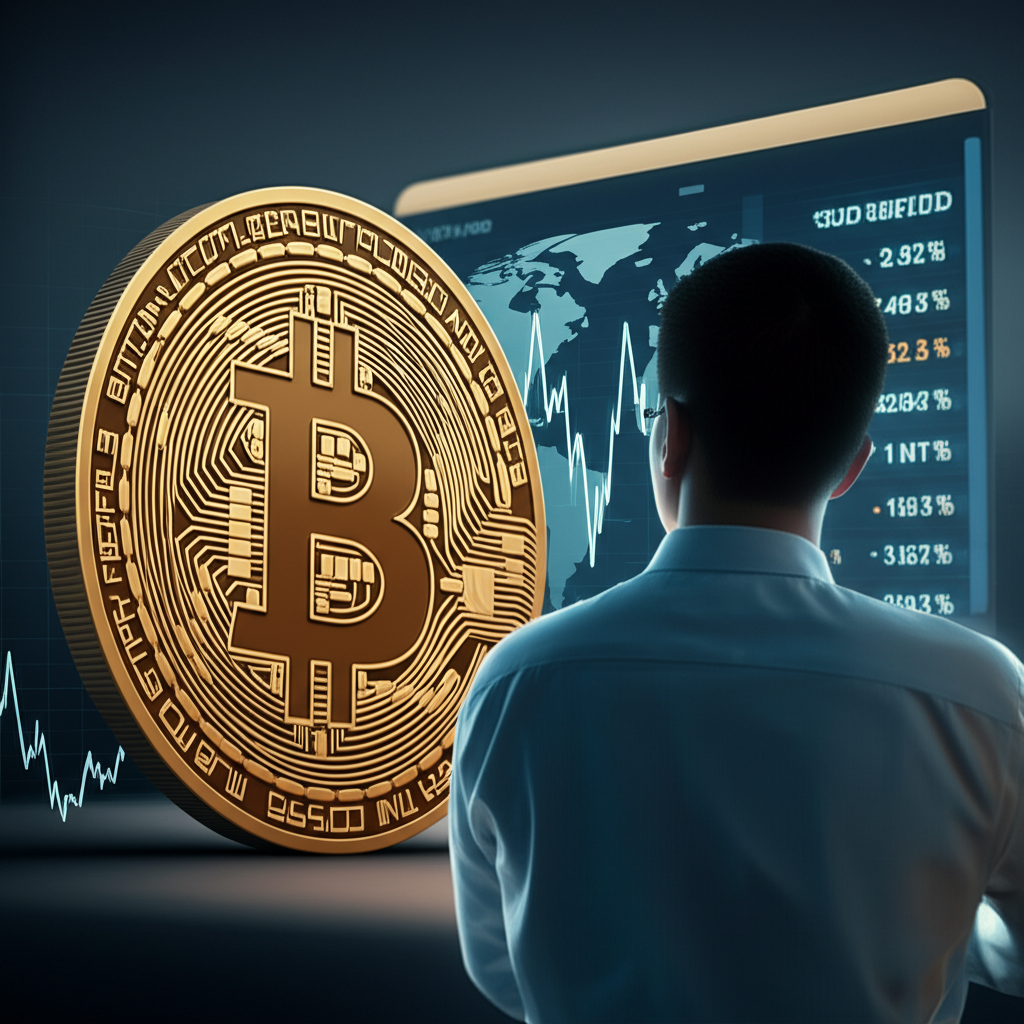 比特幣價格即時變動示意圖，背景為波動的走勢圖與全球金融數據