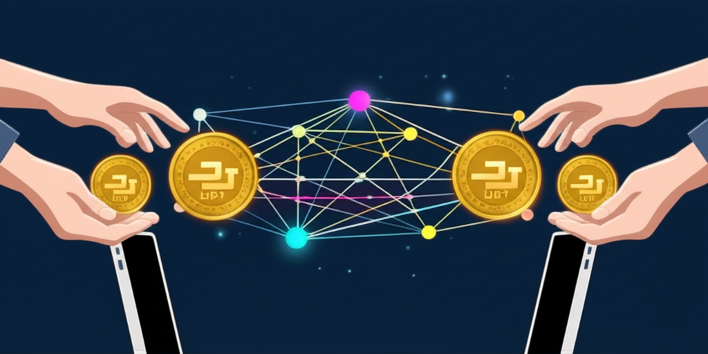 USDT 加密貨幣轉移插圖，展示兩個平台間的數位手與區塊鏈網路連接，強調網路選擇重要性