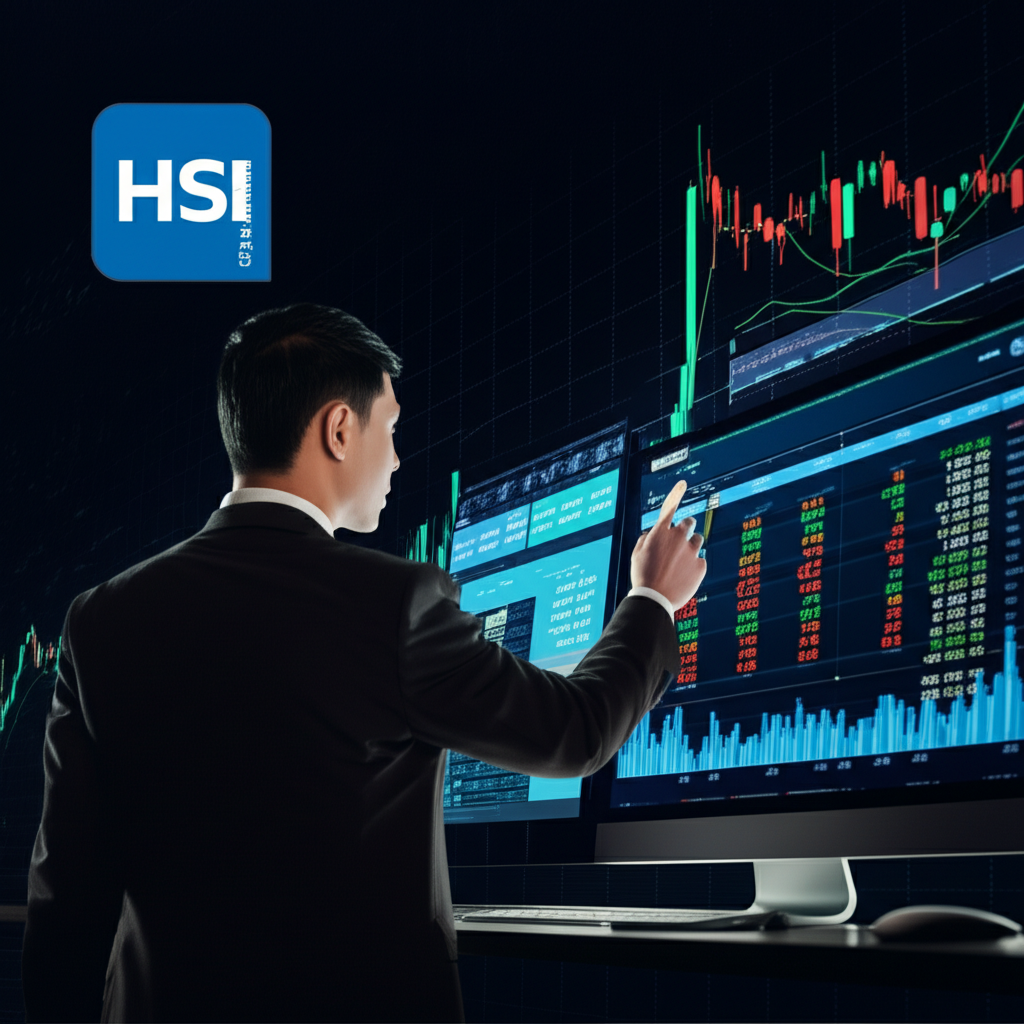 動態金融市場插圖，包含 HSI 圖表與 IG Markets 標誌，投資者使用交易平台探索機會