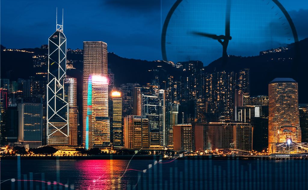 香港天際線插圖，疊加 HSI 圖表，時鐘顯示延長交易時間，代表黑期靈活性