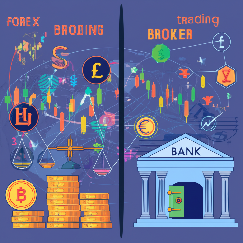 外匯經紀商與傳統銀行的對比插圖，分別以動態交易圖表與金庫符號呈現，中間以虛線區隔，突顯業務性質的差異