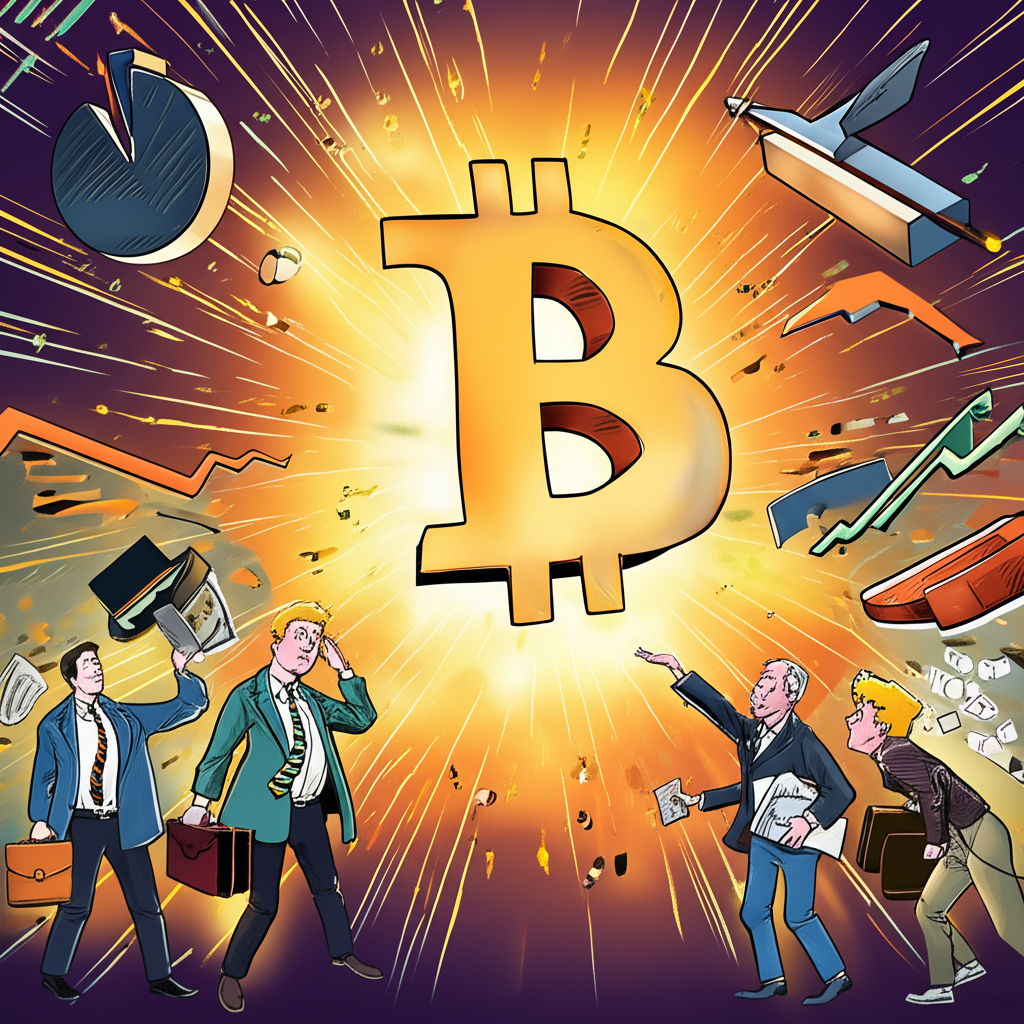 比特幣現貨ETF震撼全球金融市場的插圖，顯示比特幣符號從爆炸中出現，周圍環繞傳統金融圖表與驚訝投資者