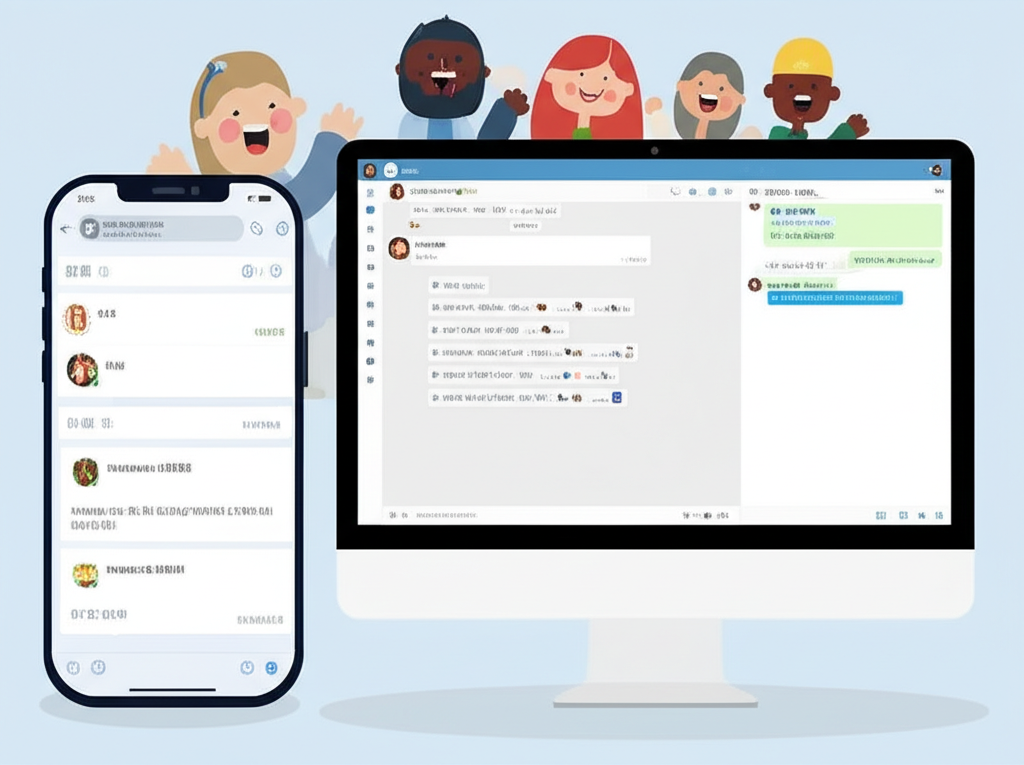 Telegram 介面從英文轉換為繁體中文的插圖，背景有開心用戶