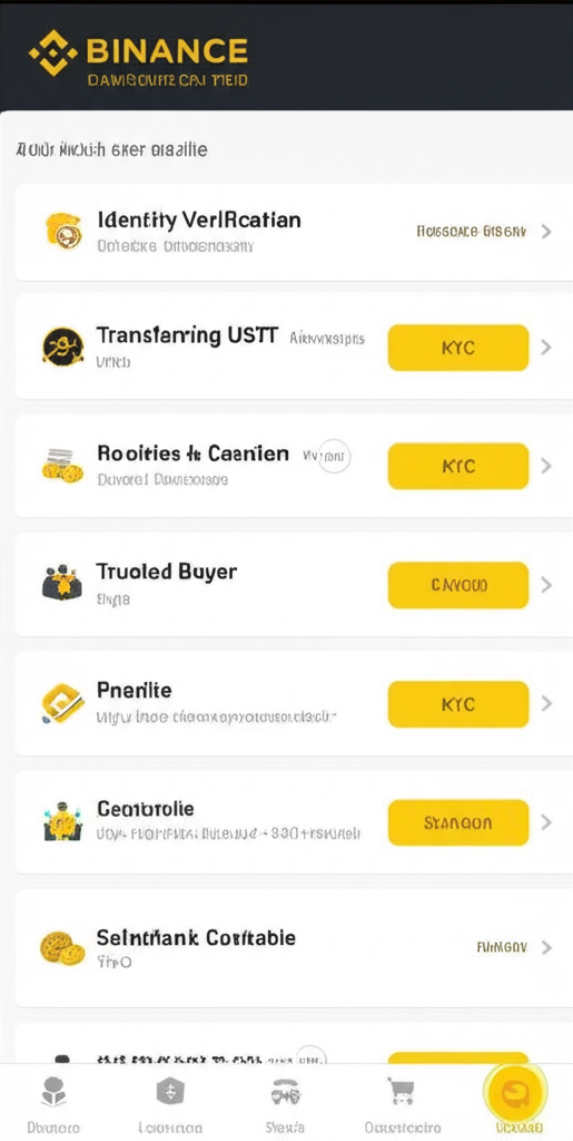 幣安P2P交易步驟插圖,顯示KYC驗證、轉移USDT、選擇可靠買家和確認銀行收款的流程