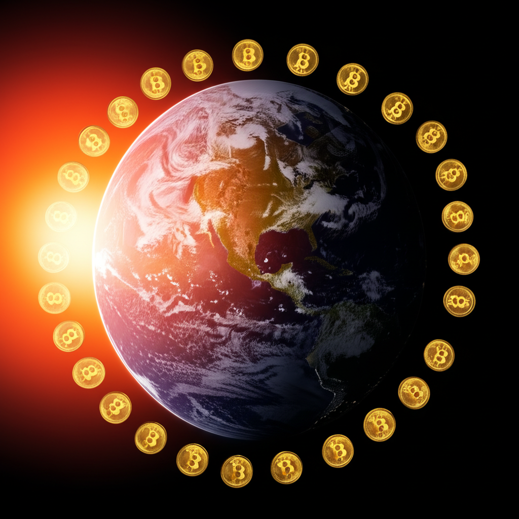 地球被比特幣符號環繞,日夜不停運轉,象徵全球24/7不間斷交易,無明確開盤或收盤時段