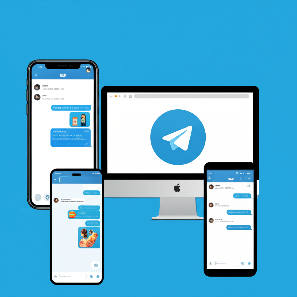 Telegram 在不同裝置上的中文介面設定示意圖：iPhone、Android、電腦與網頁版