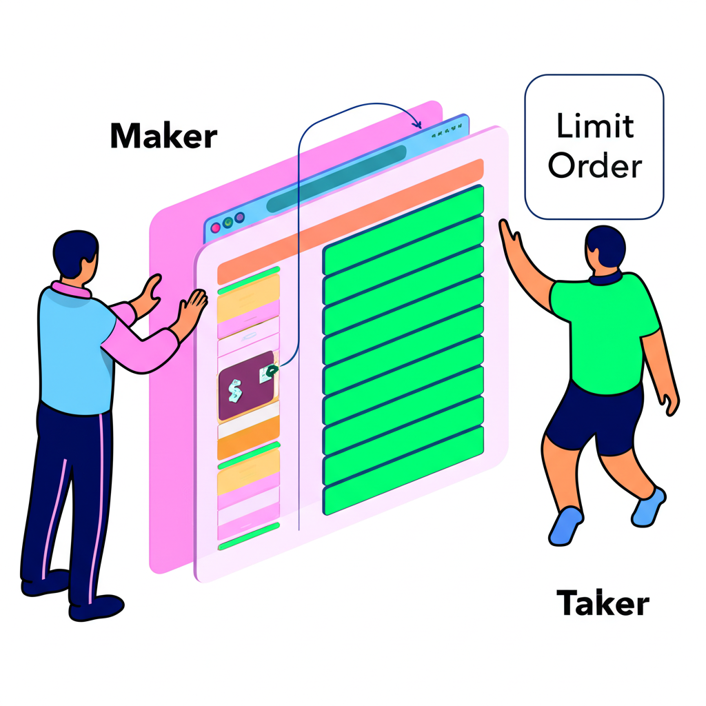 Maker和Taker在數字訂單簿中互動的插圖,一方以限價單增添流動性,另一方以市價單即時取用,強調不同費率結構