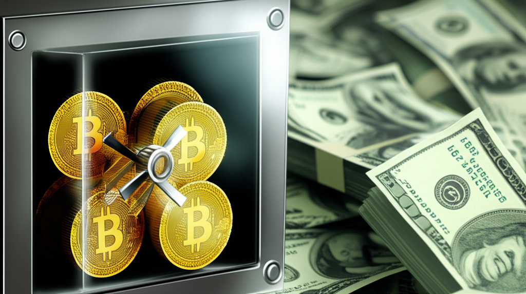 透明金庫內保護著有限數量的金色比特幣硬幣，與背景中不斷印製的紙鈔形成強烈對比，象徵稀缺性與抗通膨特性