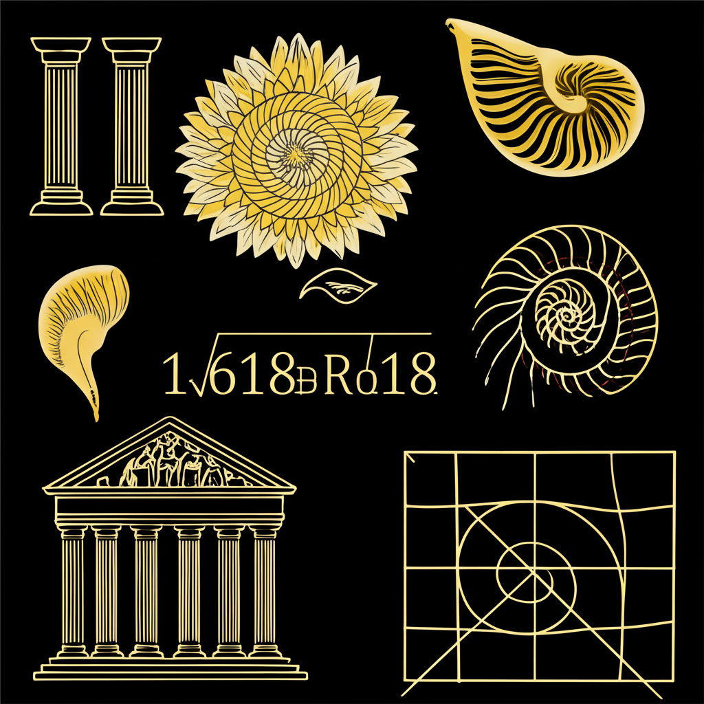 黃金比例約1.618的數學符號與自然範例，如向日葵螺旋、貝殼與古典建築設計