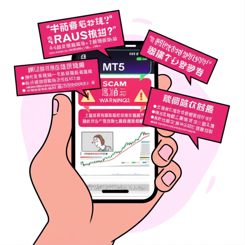 一名男子手持智慧型手機，畫面顯示MT5應用程式出現詐騙警訊，對話氣泡呈現PTT上關於投資詐騙的討論，場景傳達出財務壓力與緊急警示