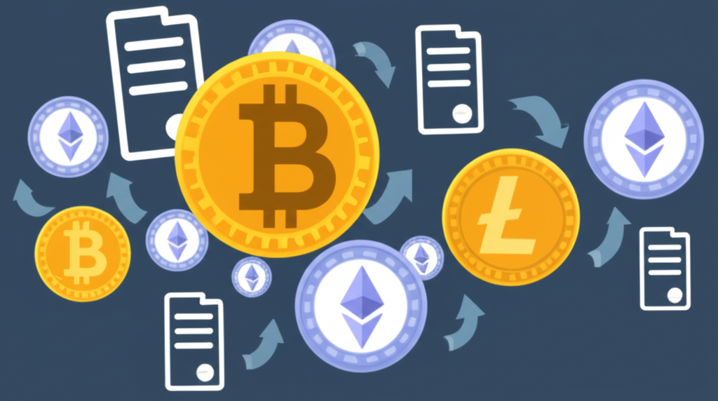以浮動的數位資產與合約協定呈現加密貨幣衍生品與合約交易的抽象概念，箭頭顯示價格預測方向，無需實際持有資產