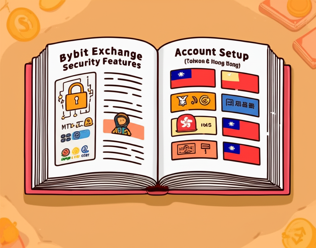 一本打開的詳細指南書,內容涵蓋Bybit交易所的安全措施、手續費說明與帳戶設定步驟,專為台灣與香港用戶設計,風格親切且資訊豐富