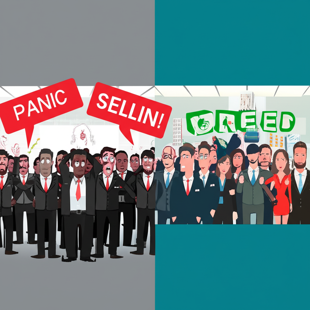 兩個對比鮮明的投資群體，一組恐慌賣出代表恐懼，另一組自信買入代表貪婪