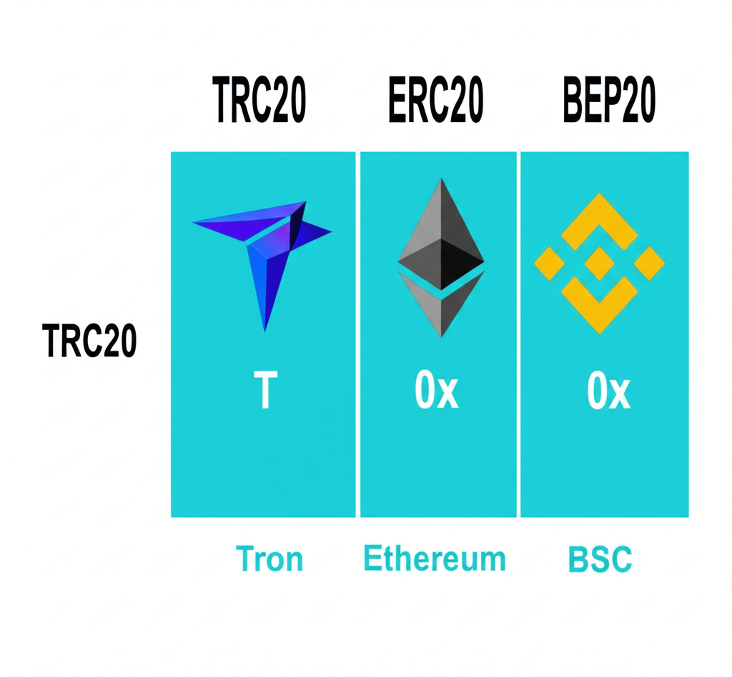 數位帳本的插圖，比較 TRC20、ERC20 和 BEP20 標準，它們的區塊鏈如 Tron、以太坊和 BSC，以及地址格式如 T 和 0x 的主要用途