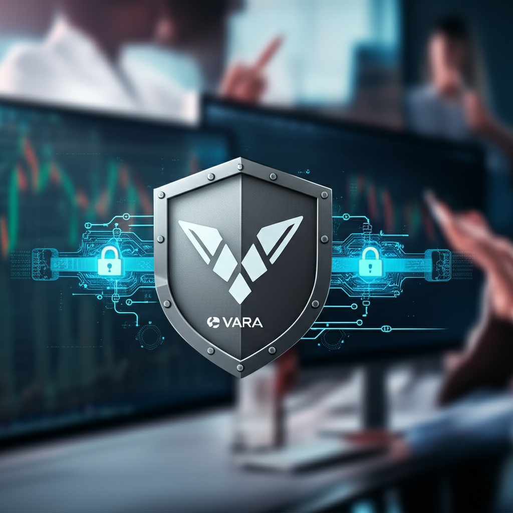 Bybit 安全防護機制：VARA 標誌的盾牌守護冷錢包金庫，多重簽名數位鎖與背景中自信交易的用戶，象徵其多層次資金保障體系
