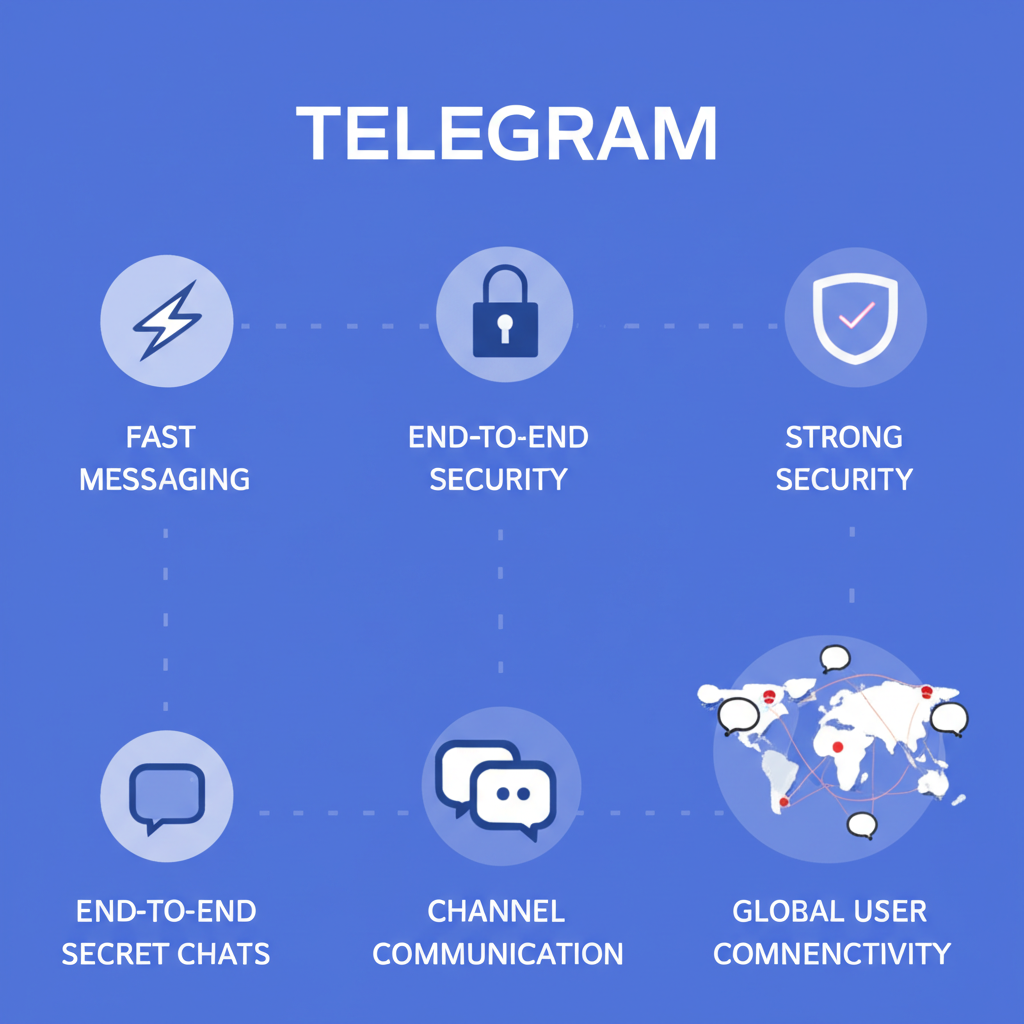 Telegram 核心功能插圖：快速通訊、端對端加密秘密聊天、大型群組與頻道、全球用戶連結