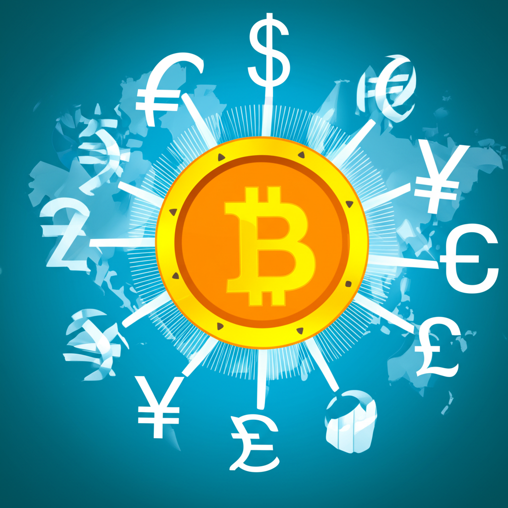 影響比特幣價格的經濟指標圖示:股票圖表、貨幣符號與世界地圖匯聚於比特幣圖標