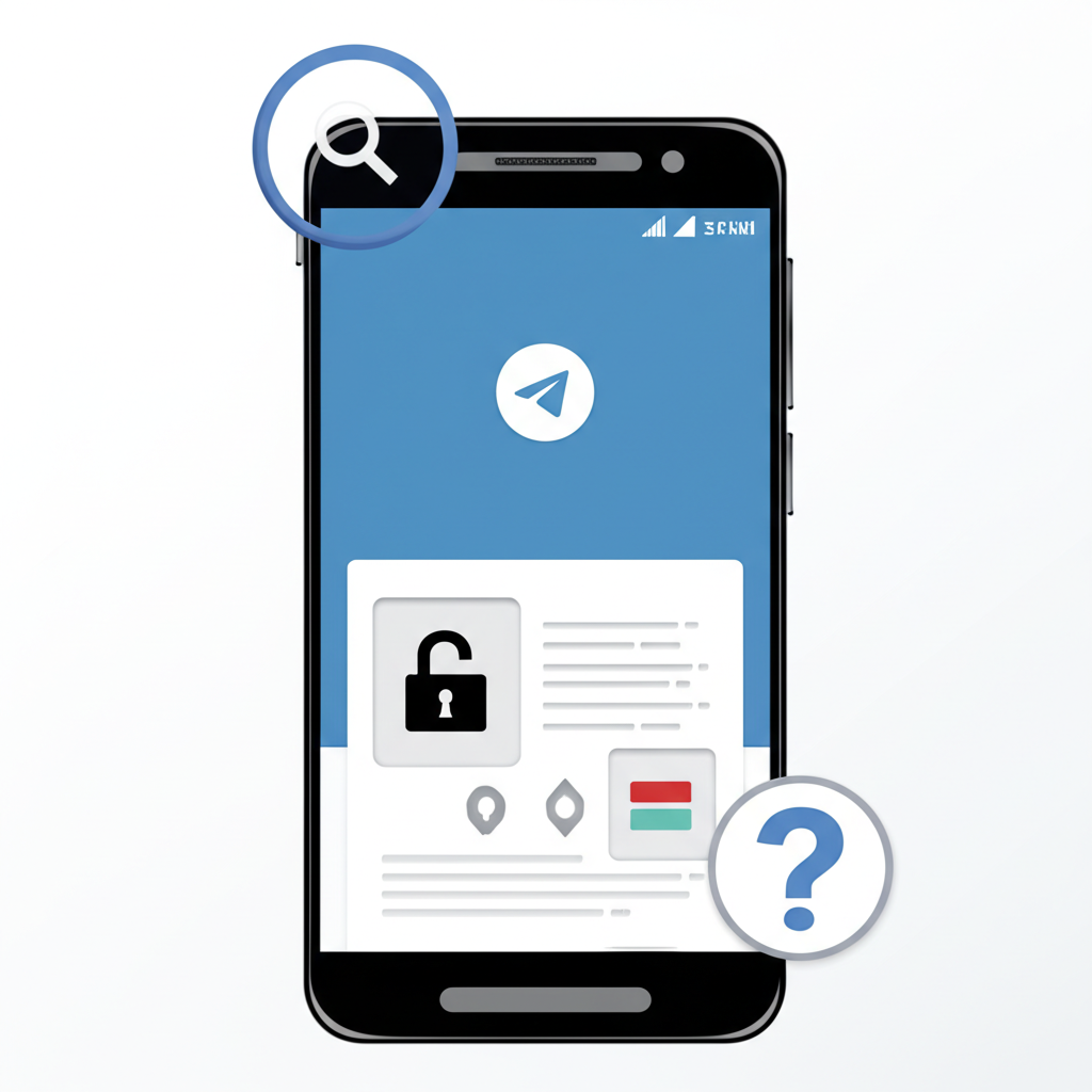 使用者在智慧型手機上操作 Telegram 應用，頂端顯示放大鏡圖示，正在搜尋頻道，但遇到鎖定的私人頻道圖示和問號，象徵搜尋限制