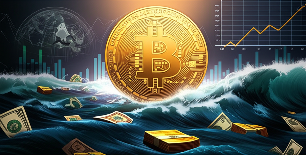 金色比特幣從傳統資產的波濤洶湧海洋中崛起,圖表顯示上漲趨勢,地球符號代表全球採用與Web3生態的連結