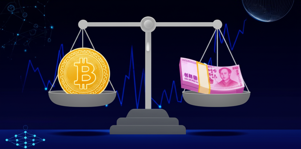 比特幣與台幣在天平上平衡的插圖，背景融入全球金融市場、區塊鏈技術與去中心化符號