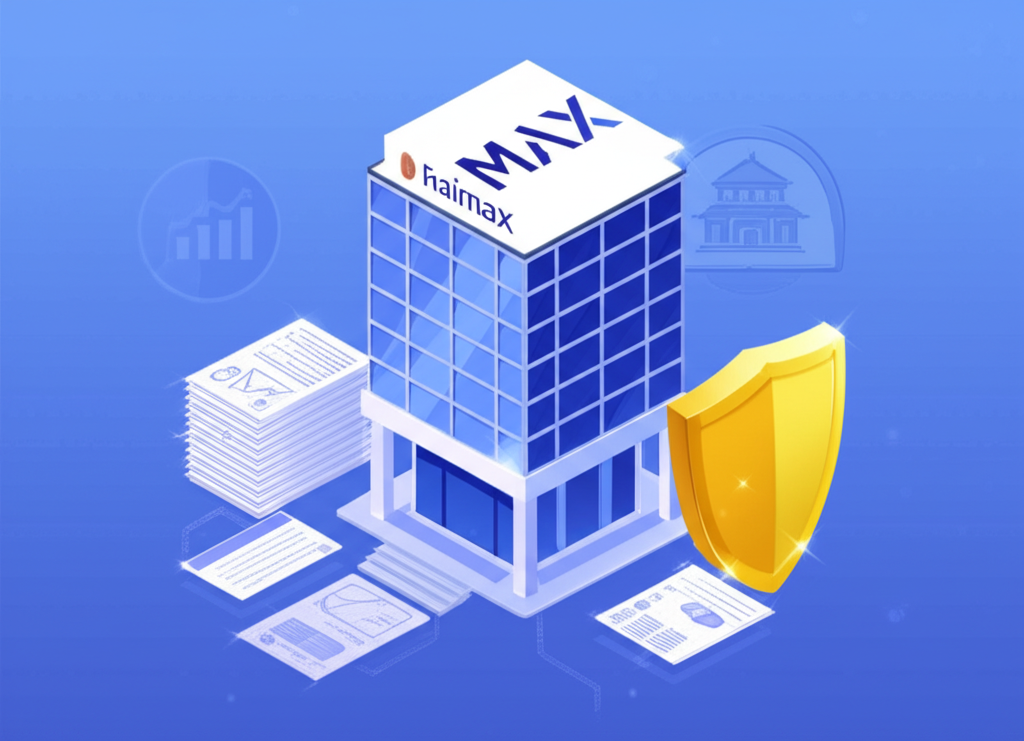 現代虛擬貨幣交易所建築插圖，帶有大型MAX標誌，周圍環繞監管文件和金色盾牌，象徵遵守反洗錢法規，受金融監管機構監督