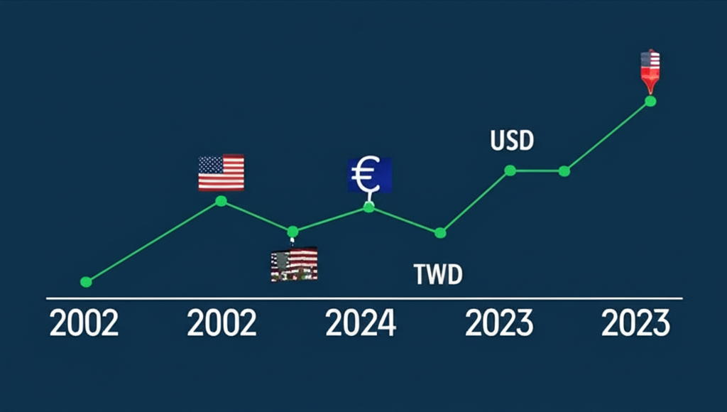 歐元自2002年至2023年對美元與台幣的長期匯率時間軸圖示
