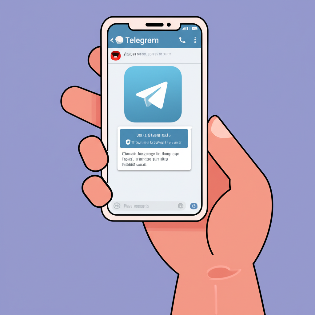 插畫顯示一隻手握著手機,螢幕上 Telegram 應用程式顯示一個明顯的連結,指向繁體中文語言包,並有確認視窗彈出,顯示「更改語言」選項,專為手機用戶設計
