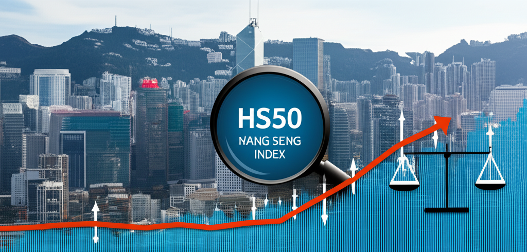 HS50與恒生指數關聯示意圖，包含藍籌股特寫、市值加權比例與同步走勢分析