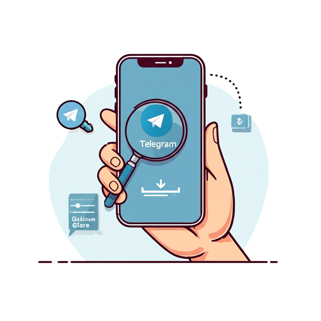 手持智慧型手機顯示 App Store 和 Google Play 圖示，下載 Telegram 並檢查官方開發者名稱的插圖