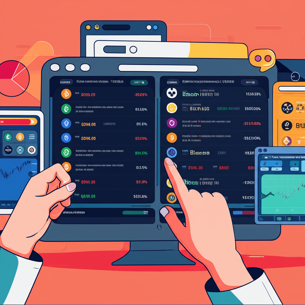 多個數位螢幕顯示如CoinMarketCap等加密數據網站與Bybit、Binance交易平台，用戶比較即時比特幣價格以確保準確性
