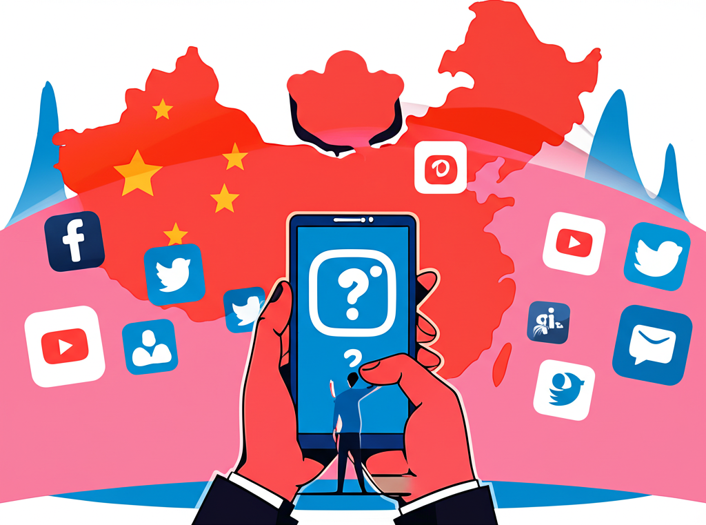 一位手持顯示Instagram標誌的手機使用者,站在中國地圖前,背景有數位牆壁,周圍環繞各種社群媒體圖標,呈現明亮且資訊性的風格