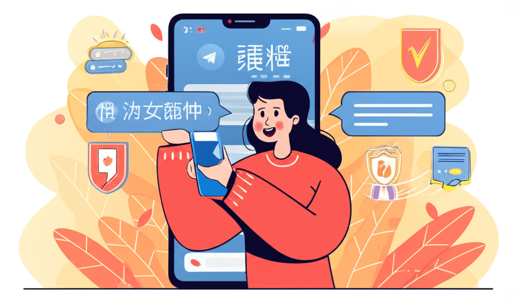 用戶開心使用繁體中文版 Telegram,背景有隱私防護盾與快速訊息泡泡,融入活躍社群的插畫
