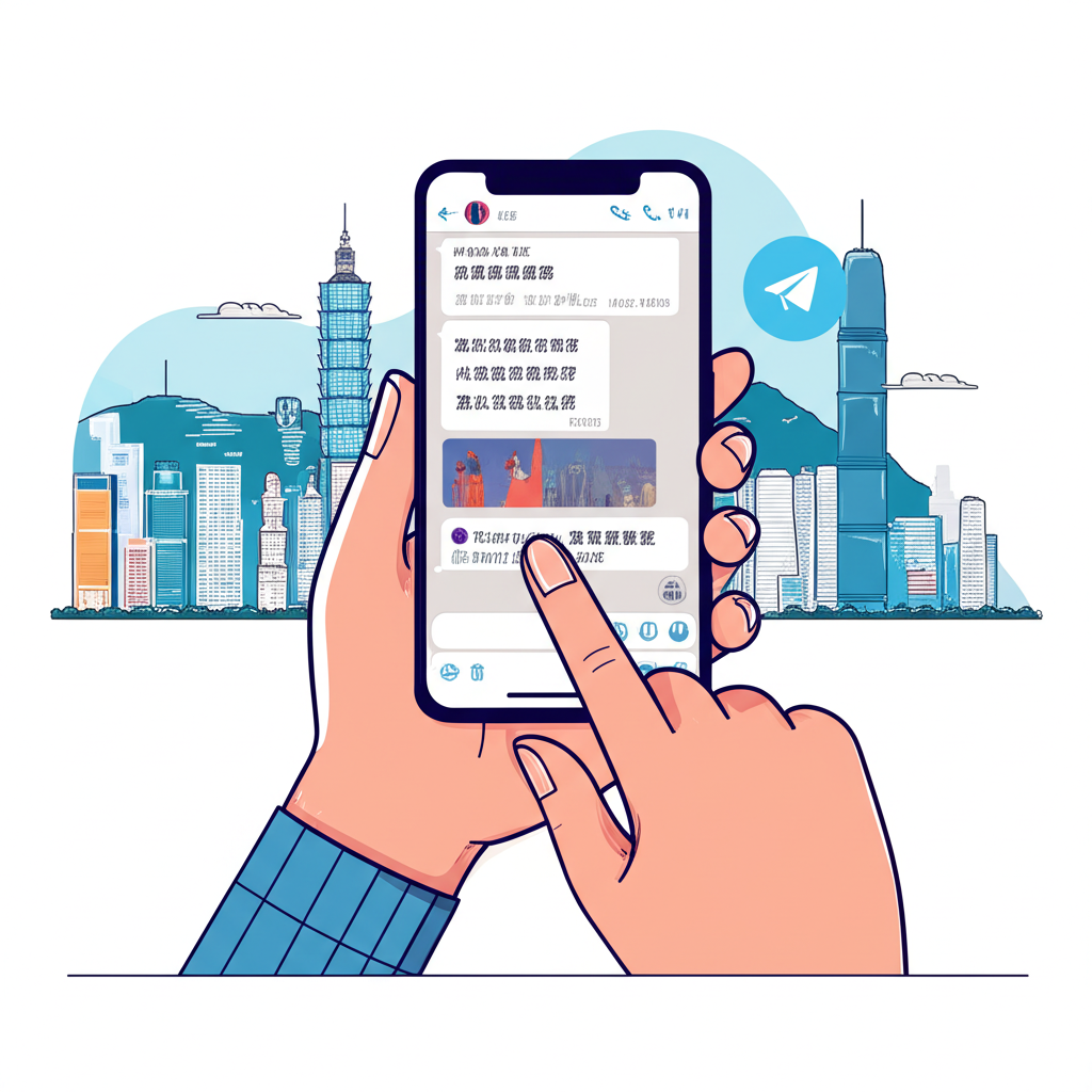 台灣與香港城市背景中,使用者愉快地使用顯示繁體中文的 Telegram 介面,象徵無障礙溝通與文化尊重