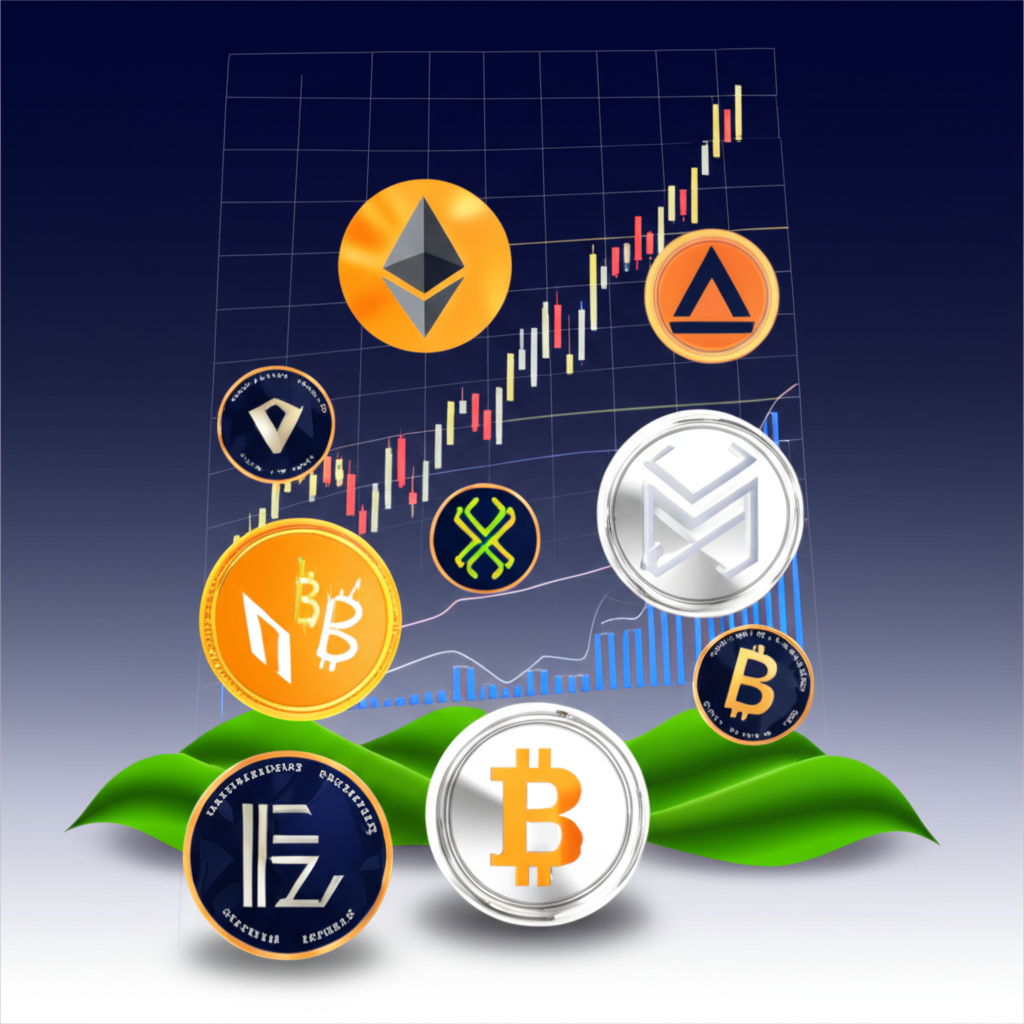 An illustration of a bustling global cryptocurrency exchange platform with charts and digital currencies flowing representing high liquidity and advanced trading features with a subtle green leaf motif