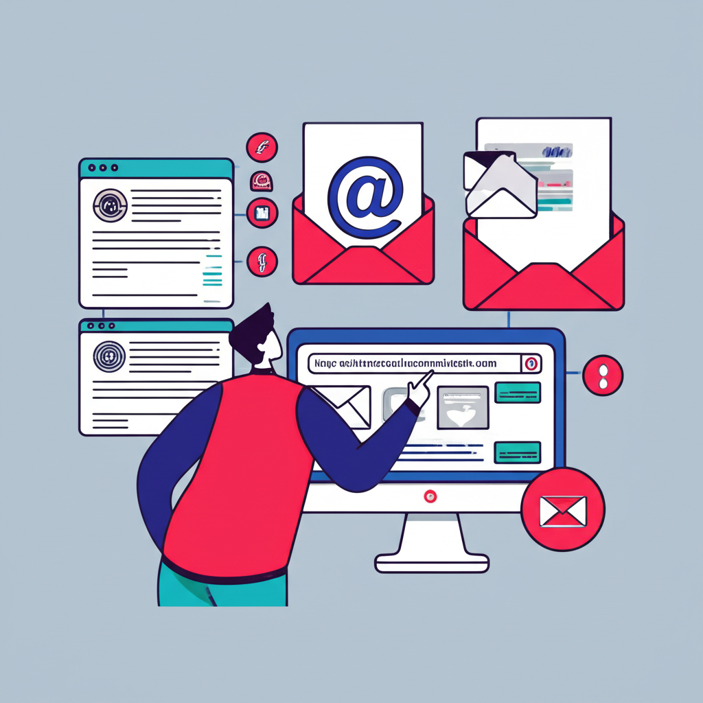 An illustration showing a user carefully examining a website address and communication channels surrounded by various deceptive elements like fake websites and phishing emails highlighting the importance of vigilance against online scams