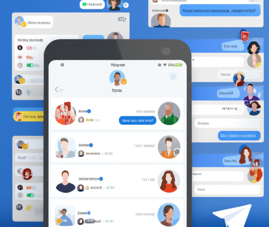 Telegram 群組聊天介面插圖,顯示用戶交換訊息、圖像與影片的熱鬧互動空間,以及高效管理工具