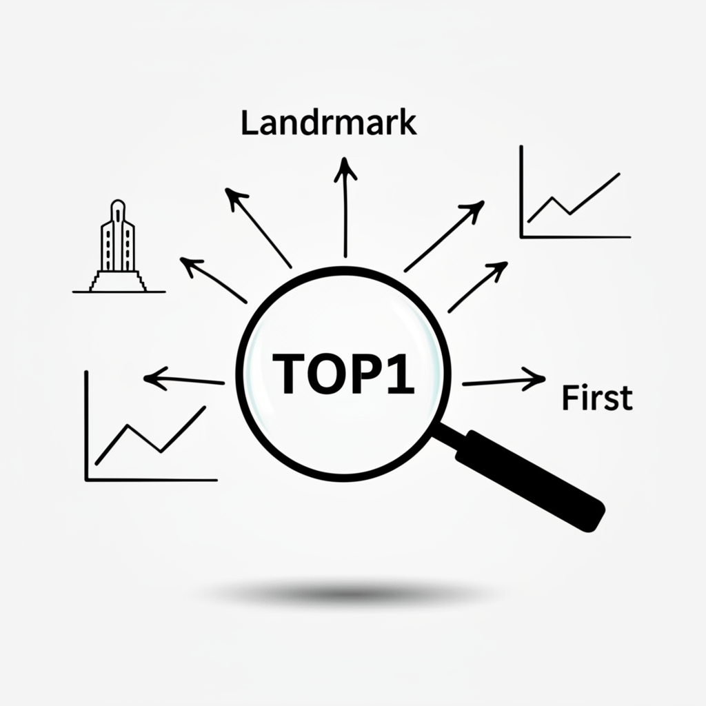 插畫:放大鏡檢視「top1」一詞,延伸出多條箭頭,代表地標、金融服務與頂尖等不同含義