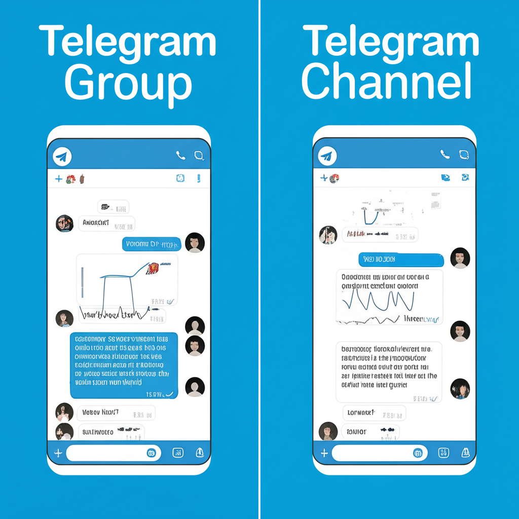 Telegram 群組與頻道差異對比插圖,突顯雙向討論與單向廣播的互動模式,以及成員可見度的區別